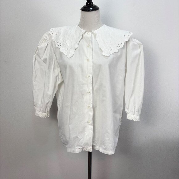 Vintage White Poet Blouse Cotton Embroidered Large Peter Pan Collar Puff Sleeves - Picture 1 of 10